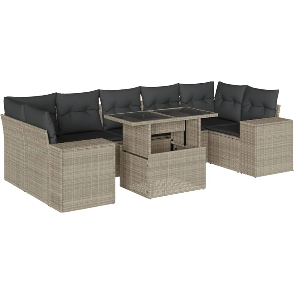 vidaXL 8-delige Loungeset met kussens poly rattan lichtgrijs grijs