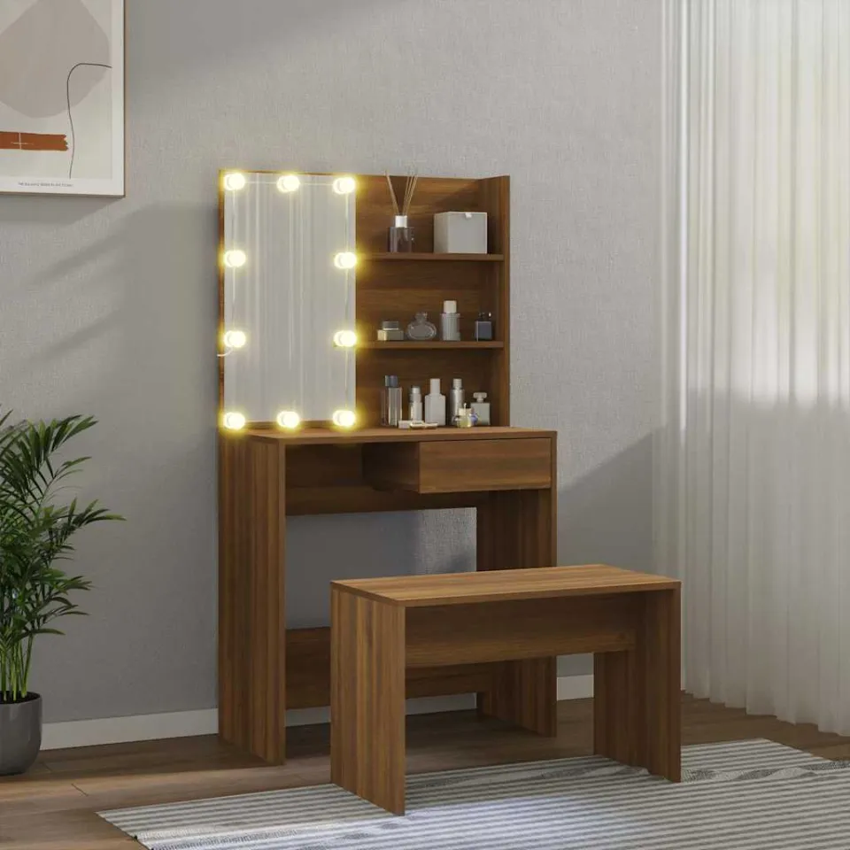 vidaXL Kaptafelset met LED-verlichting bewerkt hout bruin eikenkleur, foto 3