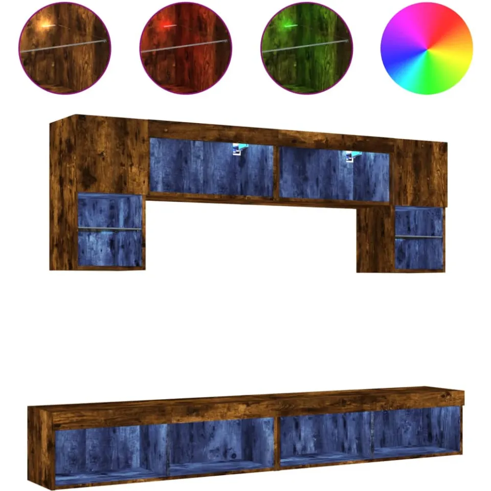 vidaXL 6-delige tv-wandmeubelset met LED bewerkt hout gerookt eiken, foto 4