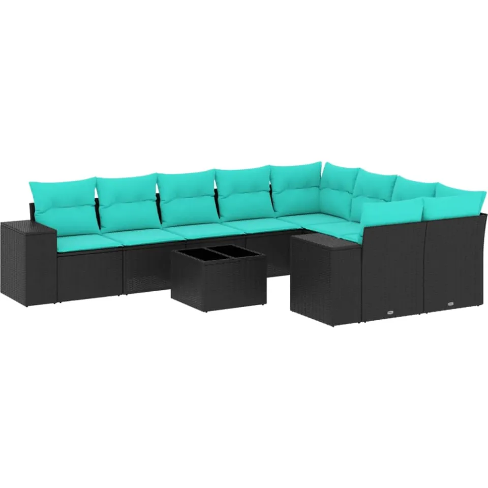 vidaXL 10-delige tuinbankset met kussens van zwart polyrotan, foto 3