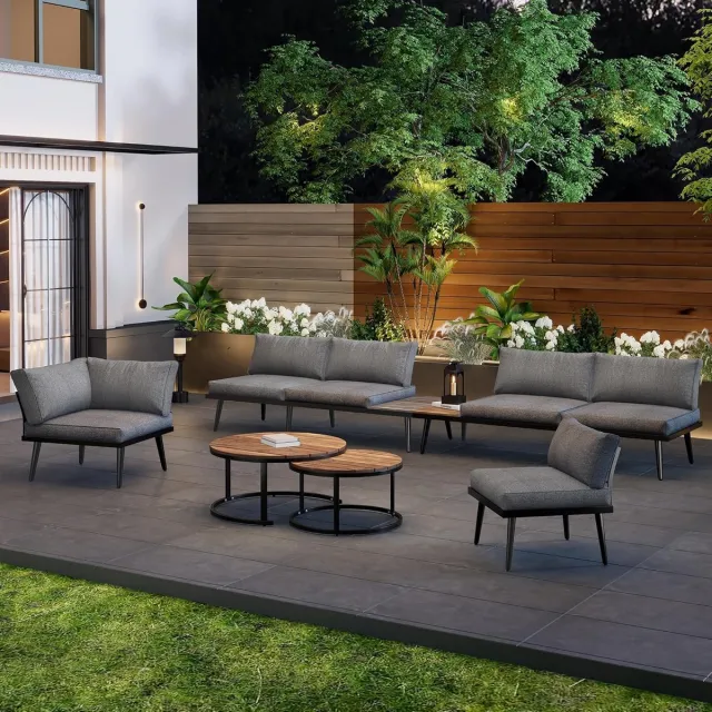 Laura Modulaire 6-delige Buiten Loungeset 2x 2-Zitsbank + 2x Eenzitsbank + 2x Tafels 160x64x75 cm – Verzilverd IJzer & Massief Acaciahout – Weerbestendig Tuinmeubelset Laura Grijs + Houtkleur