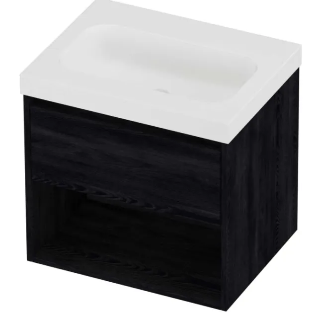 Proline Haga Badmeubelset Polystone Mezza Schap 60x46x58 cm Mat White Black Oak Eiken