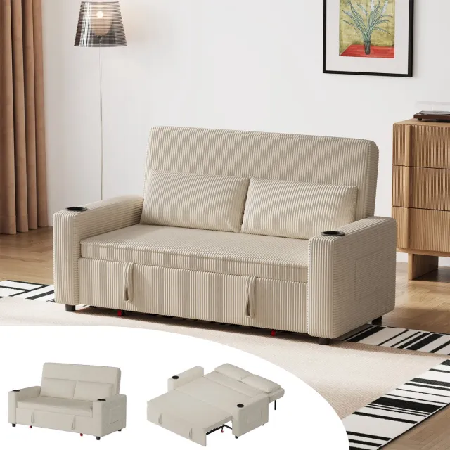 Devoko compacte uitschuifbare slaapbank 141,5 x 118,5 x 55,5 cm - ruimtebesparend, ribfluwelen bekleding - Beige Beige-s