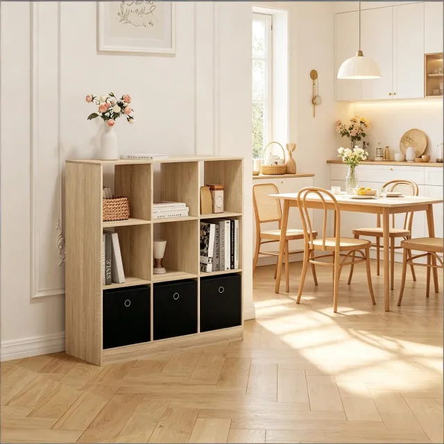 WUVRIE Boekenkast 80 x 30 x 86,5 cm - Open vakken en 3 stoffen lades - Licht eiken/zwart
