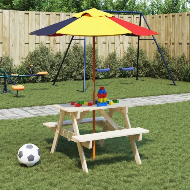 vidaXL Picknicktafel voor 4 kinderen met parasol massief vurenhout bruin, foto 2