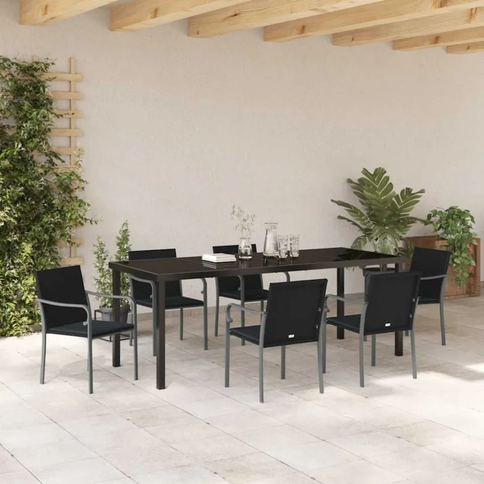 vidaXL Tuin eettafelset 7 st Zwart en Grijs PE Rattan, foto 4