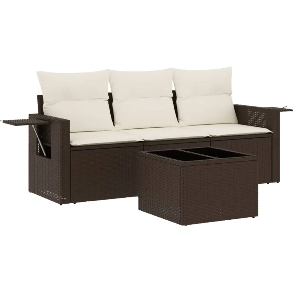 vidaXL 4-delige Loungeset met kussens poly rattan bruin