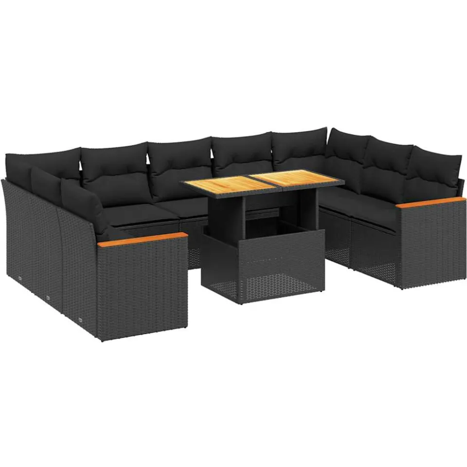 vidaXL 10-delige Loungeset met kussens poly rattan zwart, foto 3