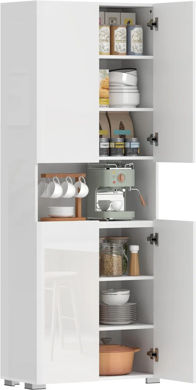 Lunpog Keukenkasten - Hoge keukenkasten - Vier deuren met softclose-systeem - Verstelbare planken - Afmetingen: 68 cm x 34 cm x 180 cm - Helderwit Blanc