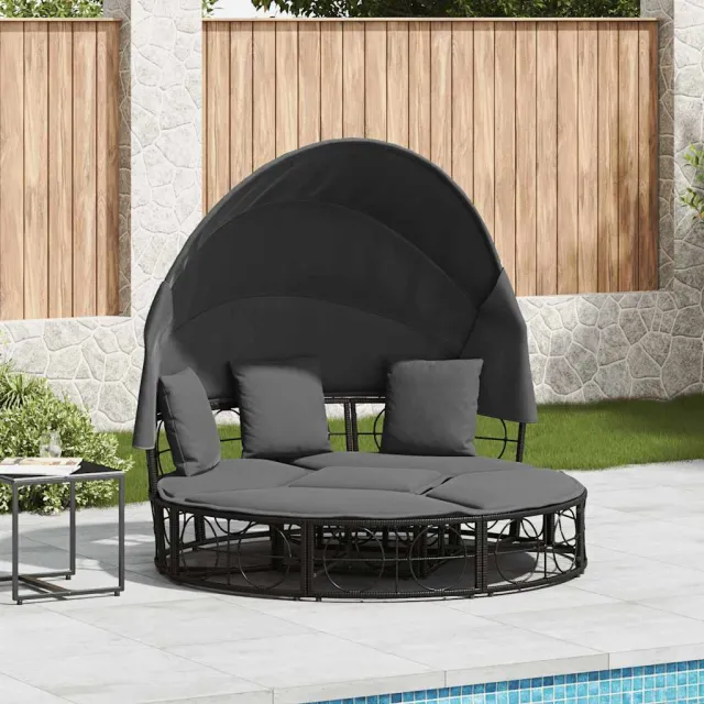 vidaXL Loungebed met luifel en kussens poly rattan zwart