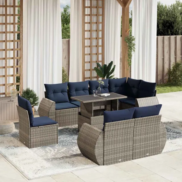 vidaXL 9-delige tuinbankset met kussens, grijs polyrotan, foto 2
