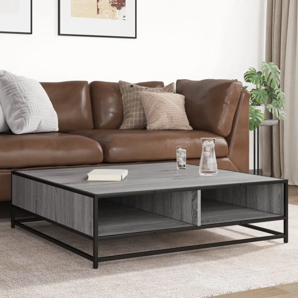 vidaXL Salontafel 100x100x30 cm bewerkt hout en metaal grijs sonoma, foto 3
