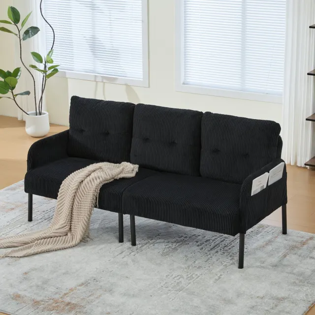 FloraGrace Zitbank 171 x 72 x 80 cm - 3-Zits Bank Met Hoge Rugleuning, Zijtas En Zachte Cordbekleding - Woonkamer Of Werkkamer - Zwart
