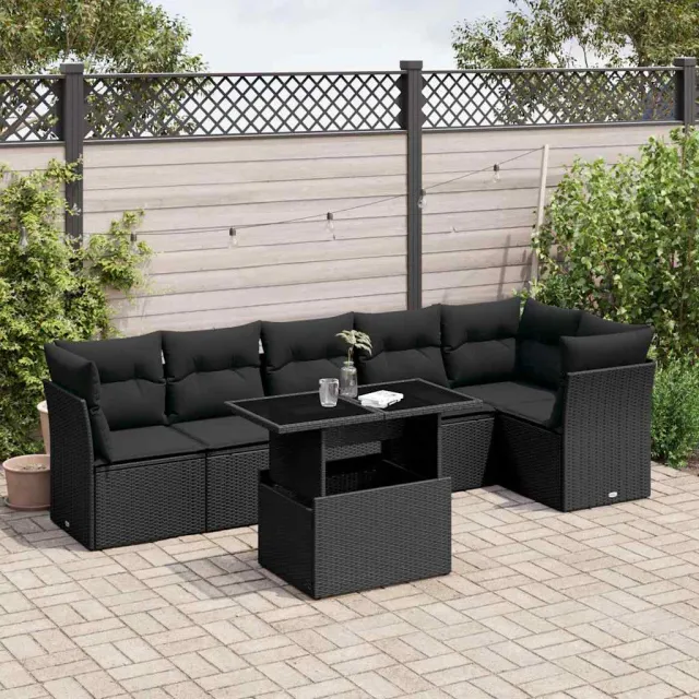 vidaXL 7-delige Loungeset met kussens poly rattan zwart, foto 2