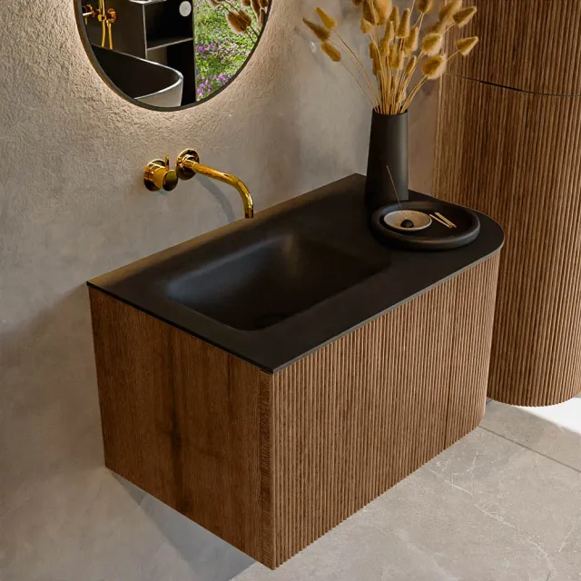Mondiaz KURVE 75 cm Onderkast Greeploos 1 Lade Met Deuren Walnut, Wastafel Solid Surface Links Urban 0 Kraangaten Zonder Spiegel (KRVGRU75R1L1D0KL-Wal/Urb)