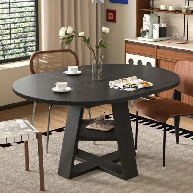 Pugsdrly Uitschuifbare eettafel - 110/150x100 cm - Zwarte houtnerf - Geschikt voor 4-6 personen - Met opbergruimte en legplanken - Zonder stoelen