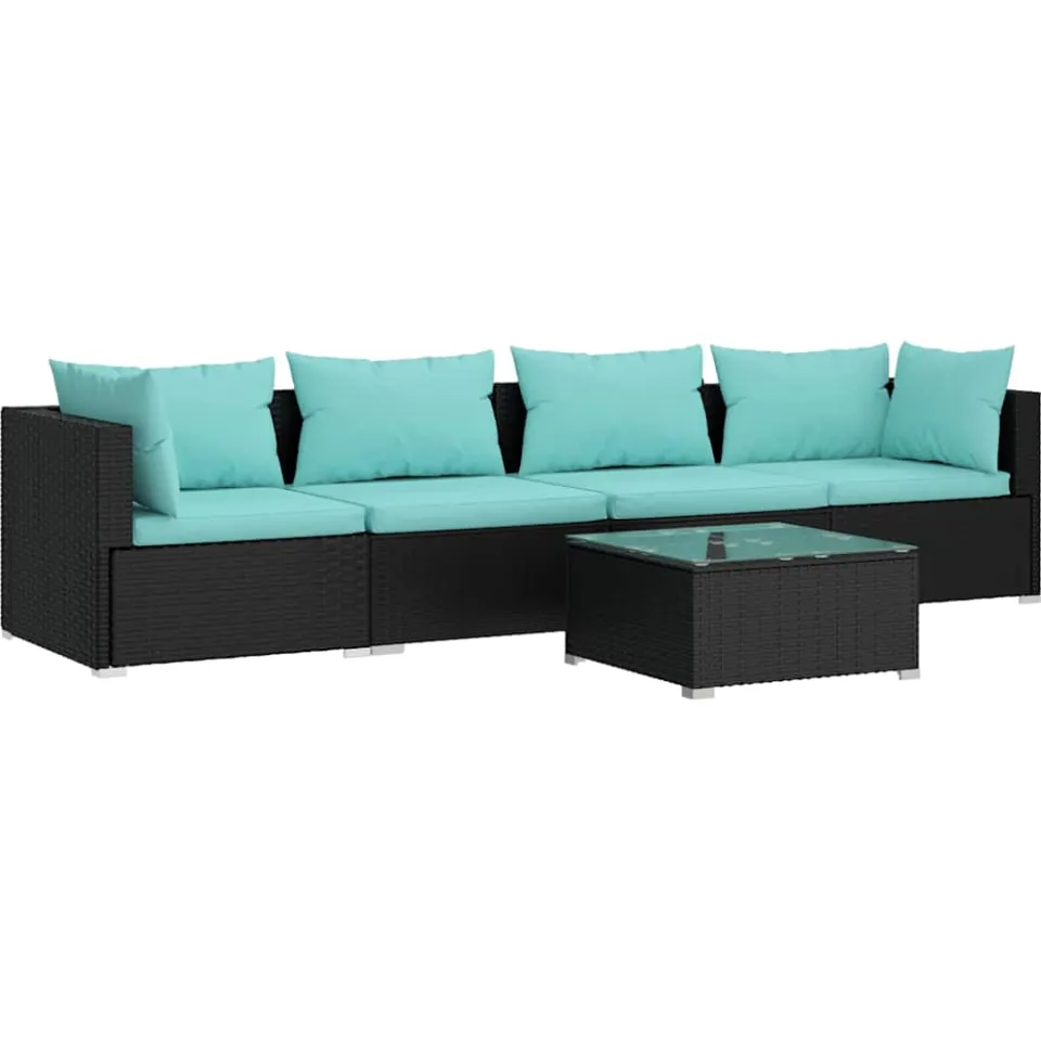 vidaXL 5-delige Loungeset met kussens poly rattan zwart