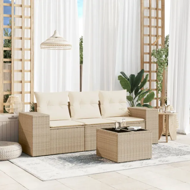 vidaXL 4-delige Loungeset met kussens poly rattan beige, foto 2
