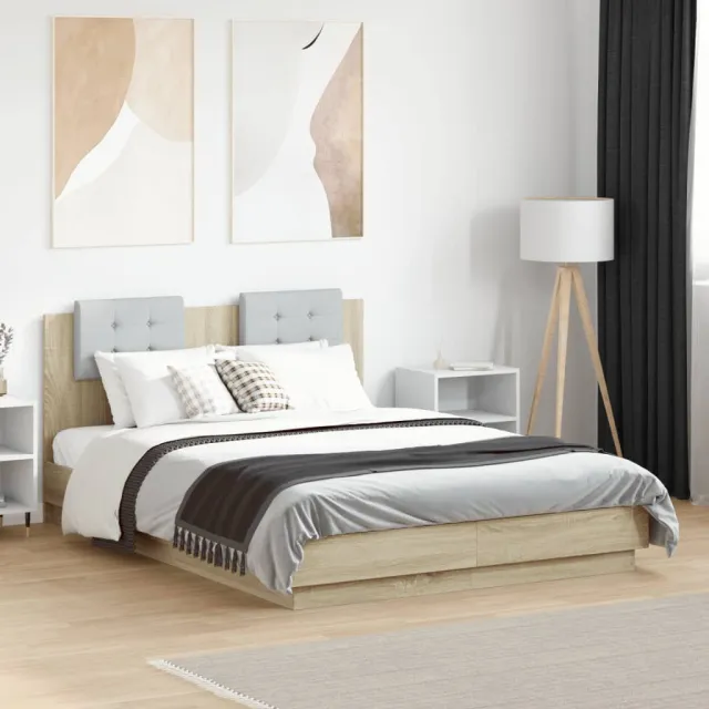 vidaXL Bedframe met hoofdeinde bewerkt hout sonoma eiken 135x190 cm