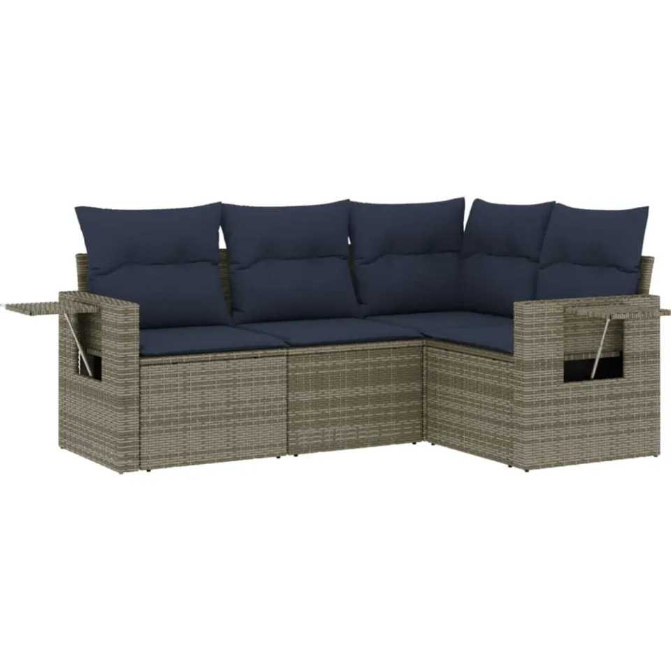 vidaXL 4-delige tuinbankset met kussens, grijs polyrotan, foto 3