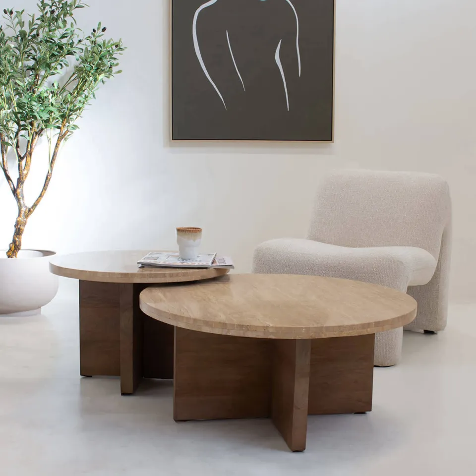 Giga Meubel Salontafel Leno Rond - Travertin/Hout - Naturel - Set van 2, foto 3