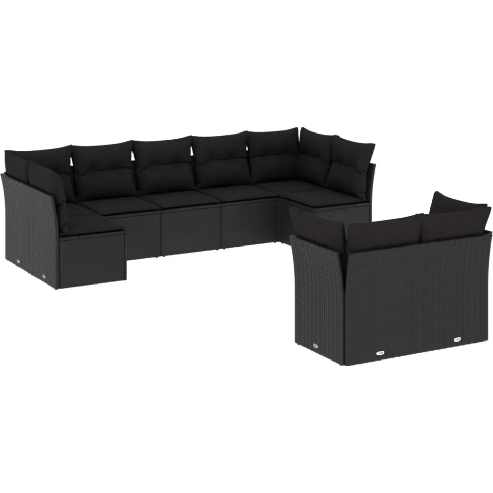 vidaXL 9-delige Loungeset met kussens poly rattan zwart, foto 3