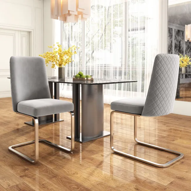 MODFU Eetkamerstoel Set Van 2 - Diamantpatroon Rugleuning - Modern - Voor Eetkamer Of Woonkamer - Fluweel - Grijs En Zilver Grijs+Zilver