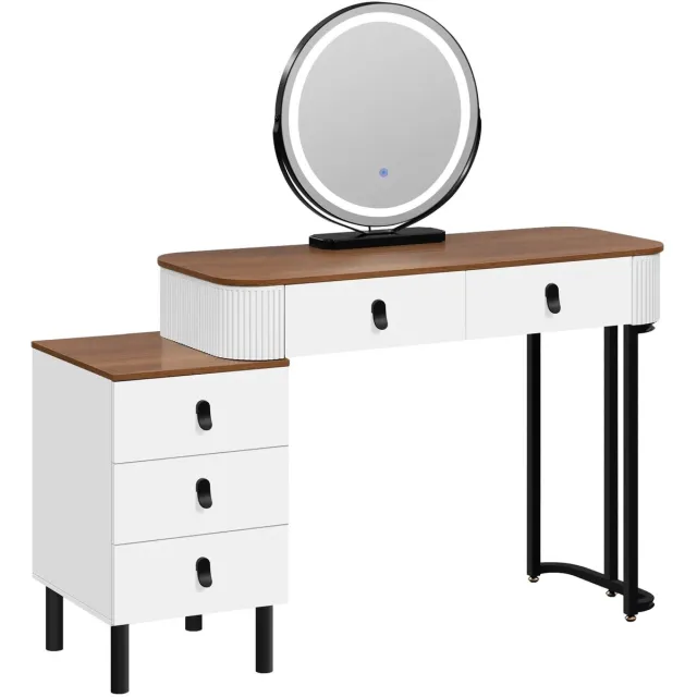 BukkitBow Kaptafel met LED Verlichting - 360° Draaibare Spiegel - Verstelbare Zijkast - Make-uptafel voor Slaapkamer