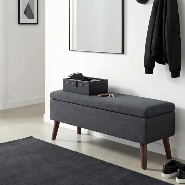 Bealife AR58 Opbergbank - Halbank met opbergruimte - Bankje voor naast het bed - Linnen bekleding en Houten poten - 110 × 39 × 45 cm - Voor hal, woonkamer, gang of slaapkamer – Grijs