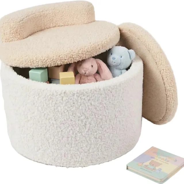 Lomera Kinderpoef met Opbergruimte - Opbergpoef - Teddy Teddystof Bouclé - Ronde Zitpoef met Rugsteun - Voor Kinderkamer - Voetenbankje - Kinderkrukje - Hocker - Opbergkrukje - Zachte Poef met Deksel - Pluche Fleece - Wit met Crème