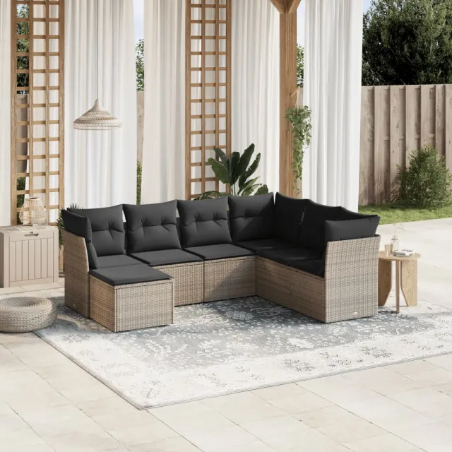 vidaXL 7-delige Loungeset met kussens poly rattan grijs, foto 2