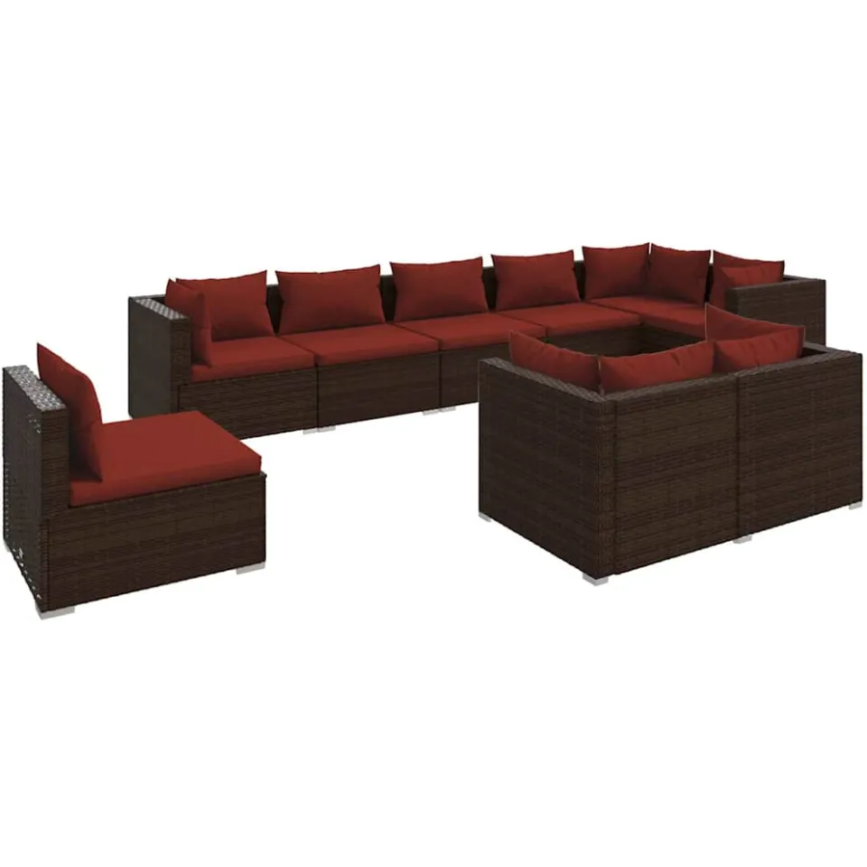 vidaXL 9-delige Loungeset met kussens poly rattan bruin
