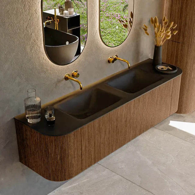 Mondiaz KURVE 170 cm Onderkast Greeploos 1 Lade Met Deuren Walnut, Wastafel Solid Surface Dubbel Urban 2 Kraangaten Zonder Spiegel (KRVCLO170L+R1L2D2KD-Wal/Urb)