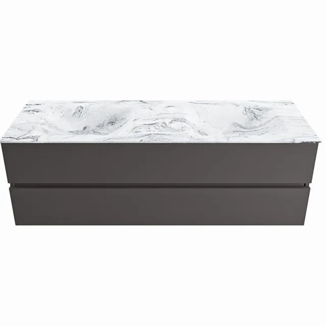 Mondiaz VICA-DLUX 150cm badmeubel onderkast Dark grey 2 lades. Inbouw wastafel CLOUD dubbel zonder kraangat, kleur Glace.