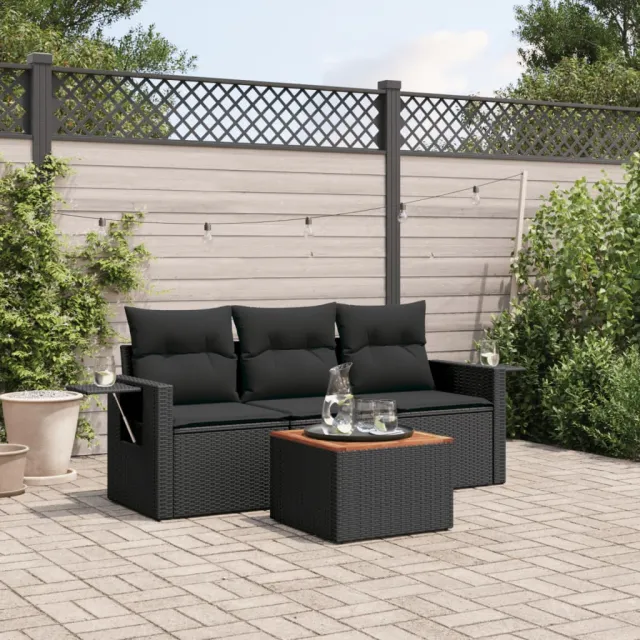 vidaXL 4-delige Loungeset met kussens poly rattan zwart, foto 2