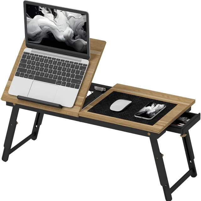 Lunpog In hoogte verstelbaar nachtkastje/laptoptafel - met lades - opvouwbaar - handig voor gebruik op de bank of in bed - gemaakt van eikenhout Eiche