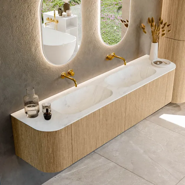 Mondiaz KURVE-DLUX 190 cm Onderkast Greeploos 2 Lades Met Deuren Oak, Wastafel Solid Surface Dubbel Opalo 0 Kraangaten Zonder Spiegel (KRVSTS190L+R2L2D0KD-Oak/Opa)