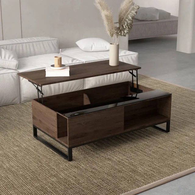 HAUSS SPOLE Salontafel - Opklapbaar Tafelblad Met Opbergruimte - Voor Woonkamer - Spaanplaat, Glas En Staal - 102x58x35,5 Cm - Walnoot Zwart