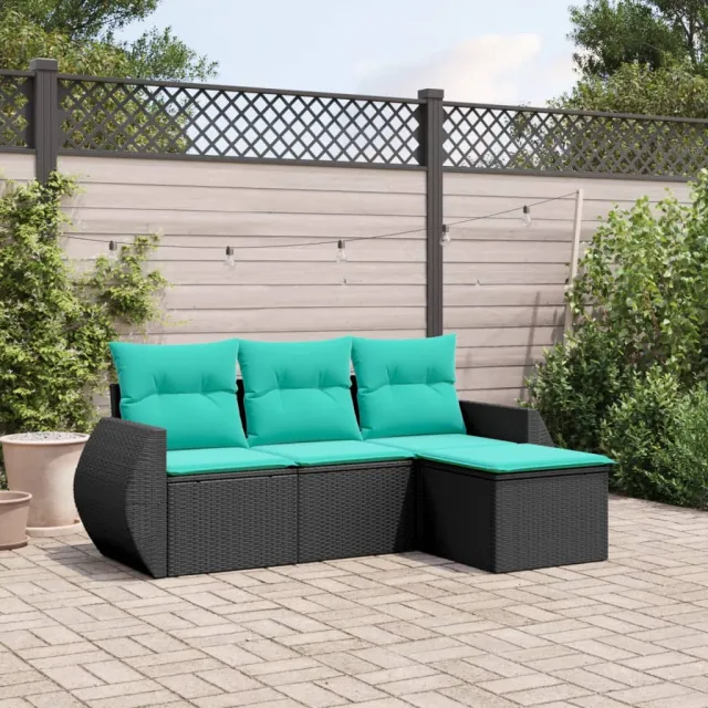 vidaXL 4-delige tuinbankset met kussens, zwart polyrotan, foto 2