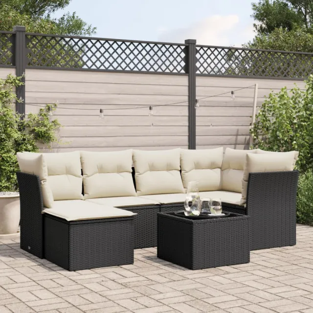 vidaXL 7-delige Loungeset met kussens poly rattan zwart, foto 2