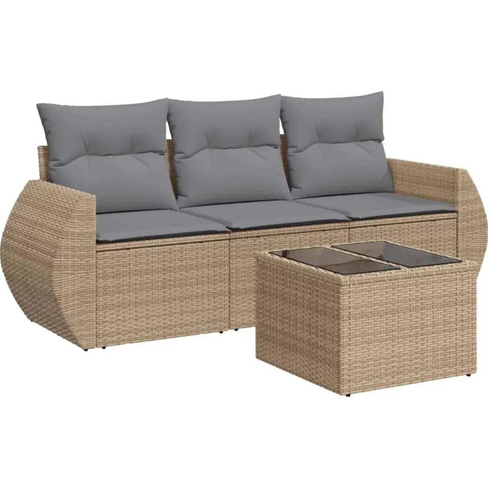 vidaXL 4-delige Loungeset met kussens poly rattan beige, foto 3