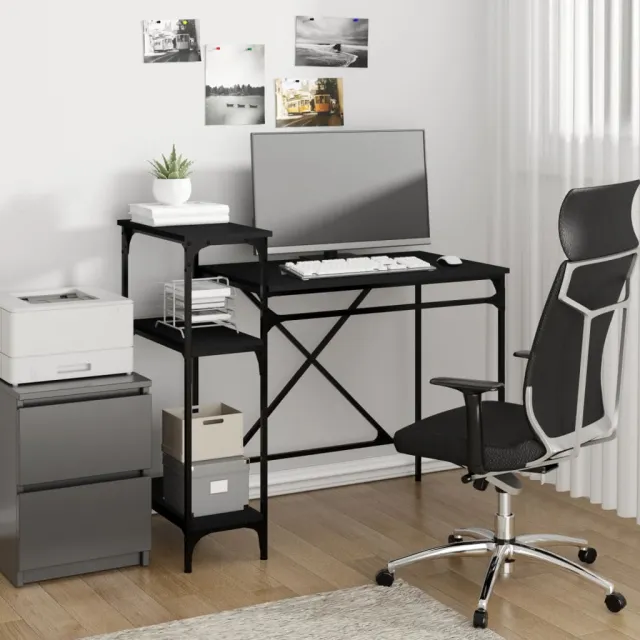 vidaXL Bureau met schappen 105x50x90 cm bewerkt hout en ijzer zwart, foto 2