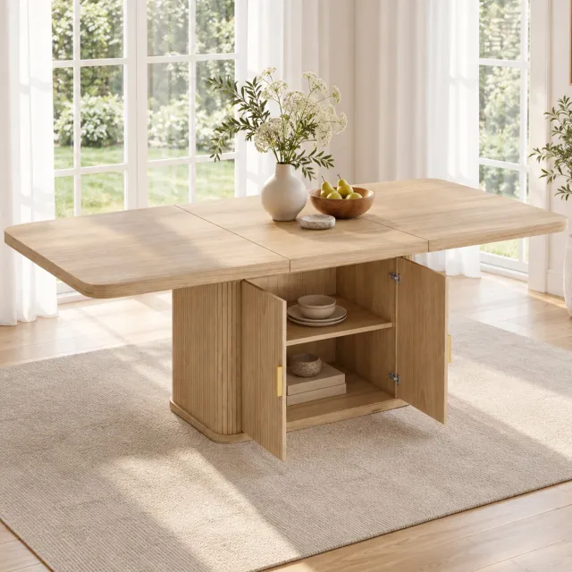 Merax Uitschuifbare eettafel 150/200 x 90 cm - voor 6–8 personen - met opbergruimte - dikker tafelblad - Scandinavische stijl - eik