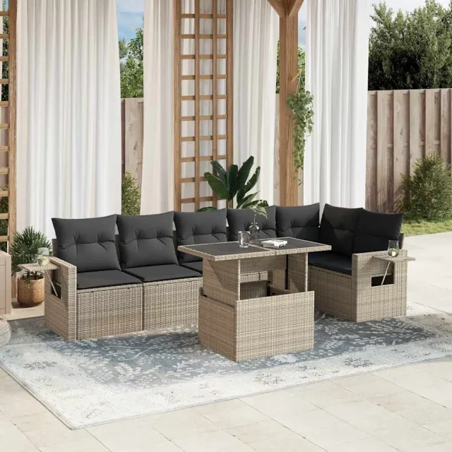 vidaXL 7-delige Loungeset met kussens poly rattan lichtgrijs grijs, foto 2