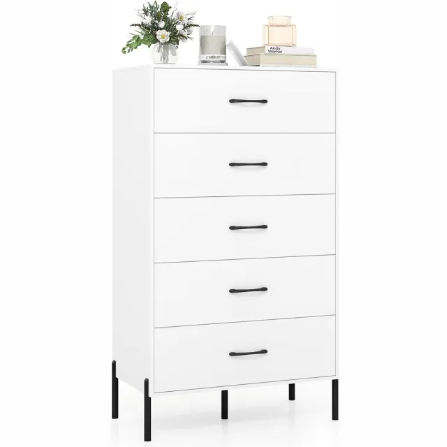 Costway Commode met 5 laden, hoge ladekast met metalen poten en handgrepen, lade-rek met verhoogde poten, voor slaapkamer, woonkamer, hal Wit