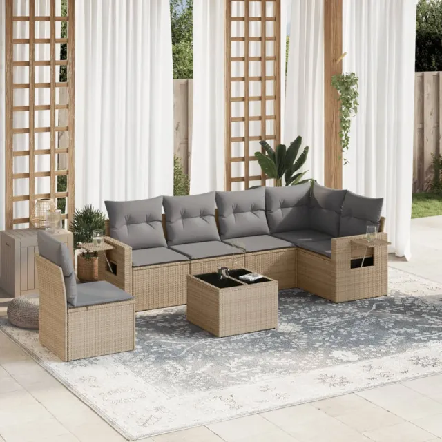 vidaXL 7-delige Loungeset met kussens poly rattan beige, foto 2