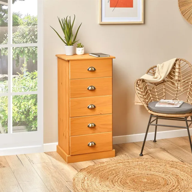 IDIMEX Commode PARIS met 5 lades en schelpvormige handgrepen, gebeitst/gewaxt bruin