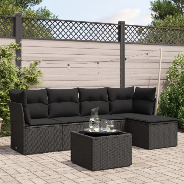 vidaXL 6-delige Loungeset met kussens poly rattan zwart, foto 2