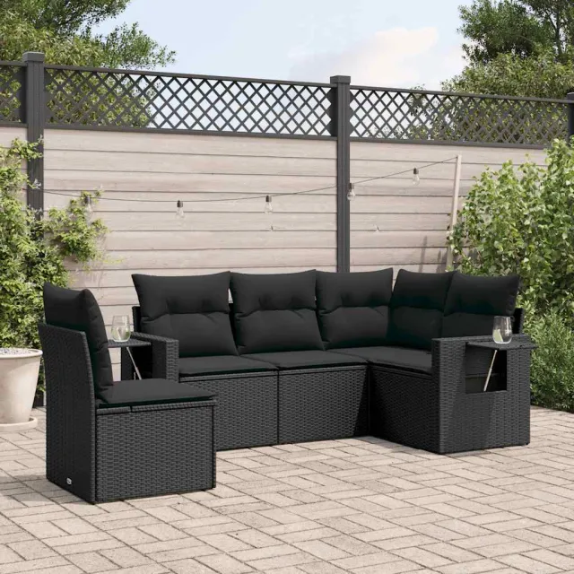vidaXL 5-delige Loungeset met kussens poly rattan zwart, foto 2