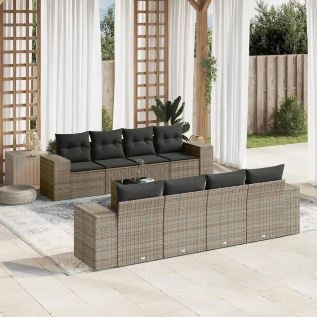 vidaXL 9-delige Loungeset met kussens poly rattan grijs, foto 2